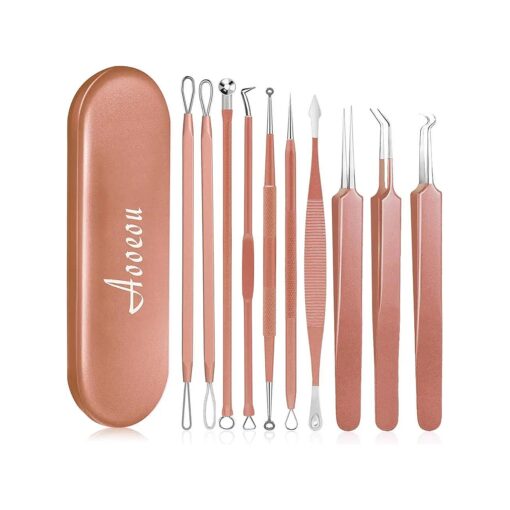 10 PCS Blackhead Remover Tool Kit, Aooeou Professional Stainless Steel Pimple Popper Tool Easy Removal for Blemish, Whitehead Popping, Zit Removing for Nose Face ( Rose Gold )