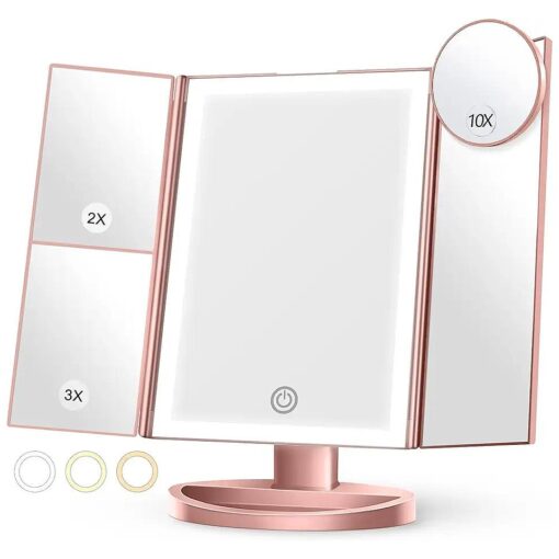 Lighted Makeup Mirror with 3 Color Lighting, Mirror with Extra Round 10X Magnifying Mirror, 72 LED Vanity Mirror, 10x 3X 2X Magnification, Touch Control, Dual Power Supply, Gift for Woman ( Rose Gold )