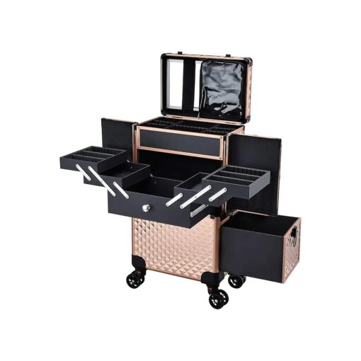 Adazzo Professional Makeup Artist Rolling Train Case Multi-functional Cosmetic Train Case Large Trolley Storage Case for Nail Technicians Cosmetology Case for Hairstylist Rose Gold