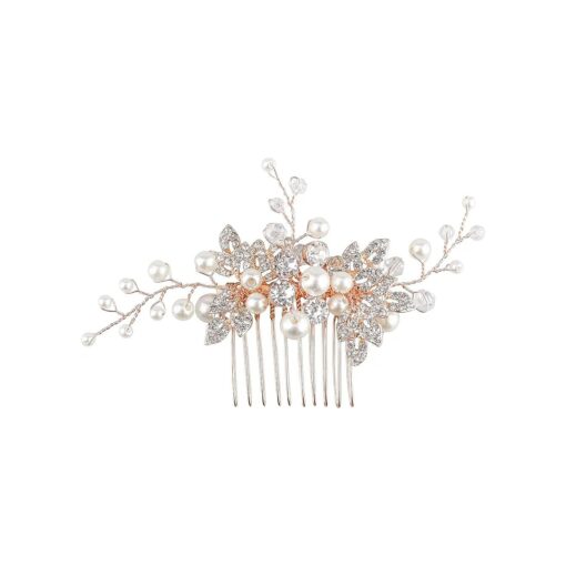 Bridal Hair Comb - Bendable Pearl Crystal Hair Accessory for Women at Wedding, Rose Gold