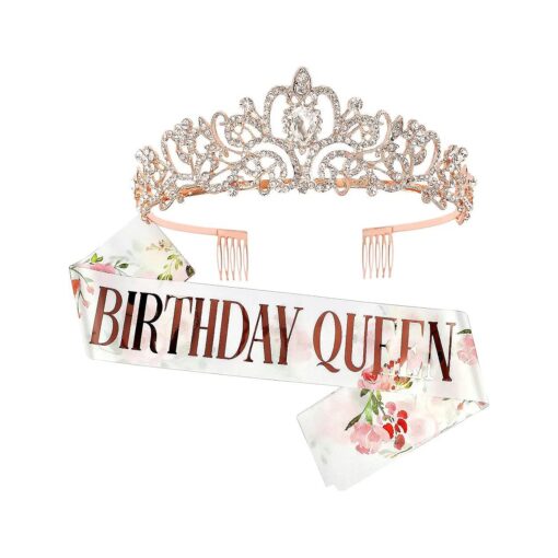 COCIDE Birthday Queen Sash & Rhinestone Tiara Set Rose Gold Birthday Sash and Tiara for Women Birthday Decoration Kit Rhinestone Headband for Girl Glitter Crystal Hair Accessories for Party