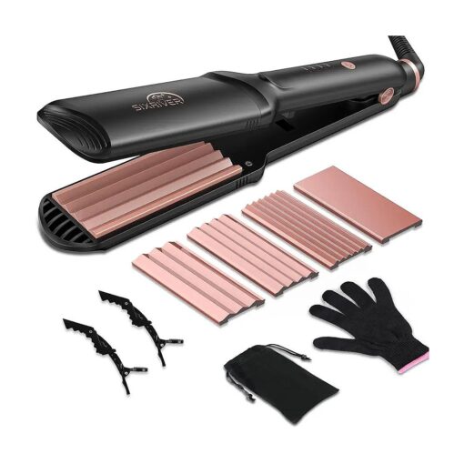 Hair Crimper for Women Hair Waver Hair Straightener Curling Iron 4 in1 Flat Crimping Iron Plates Ceramic Waver Hair Tool Volumizing Crimper with 15s Fast Heating ( Rose Gold )