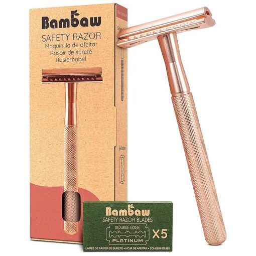 Bambaw Safety Razor for Women with 5 Double Edge Safety Razor Blades, Double Edge Razor, Reusable Razor, Plastic Free - Rose Gold