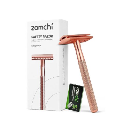 ZOMCHI Safety Razor for Women with 5 Double Edge Safety Razor Blades, Double Edge Razor, Reusable Razor, Plastic Free - Rose Gold