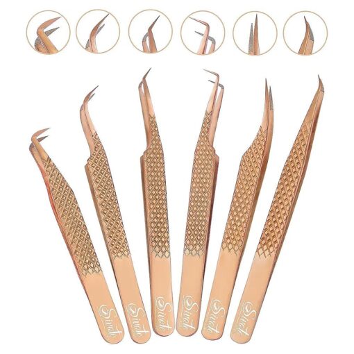 SIVOTE Eyelash Extension Tweezers Fiber Tips Japanese Steel, Set of 6, Curved, Dolphin, 90 Degree 45 Degree, Volume Boot & Slight Curved Tweezer, Rose Gold