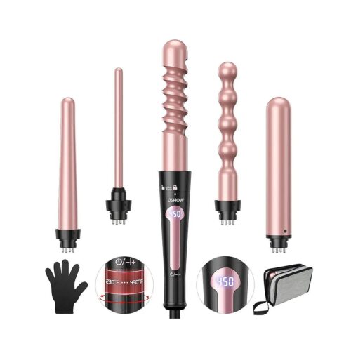 Curling Iron, 5 in 1 Curling Wand Set, Instant Heat Up Hair Curler with 5 Interchangeable Tourmaline Ceramic Barrels ( 0.35" to 1.25" ), LCD Heat Display, 12 Adjustable Temperature ( Rose Gold )