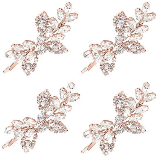 4 Pieces Rhinestone Bridal Hair Clip Leaf Wedding Hairpin Bride Pearl Crystal Hair Clips Rhinestone Barrette Elegant Bridal Hairpins Hair Accessories for Women Girls ( Rose Gold, Rhinestone Style )