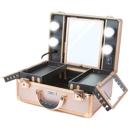 Kemier Makeup Train Case - Cosmetic Organizer Box Makeup Case with Lights and Mirror/Makeup Case with Customized Dividers/Large Makeup Artist Organizer Kit ( Rose Gold )