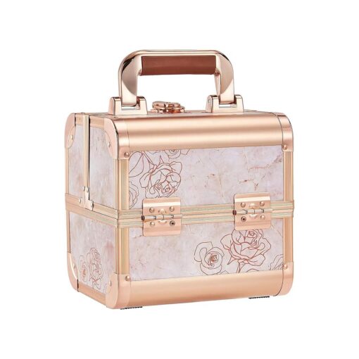 Costravio Makeup Box Cosmetic Train Case with Mirror Travel Organizer Cosmetic Jewelry Storage Box with 2-Tier Tackle Trays Portable Lockable Makeup Organizer Box - Marble Rose Gold Style