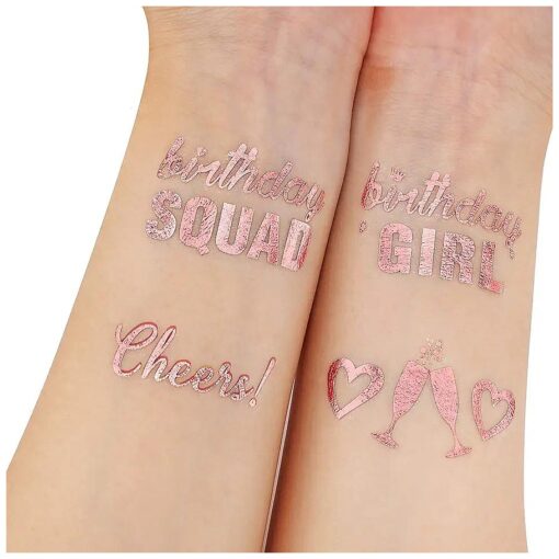 Rose Gold Birthday Tattoos ( 32Designs ), Konsait Metallic Temporary Tattoos for Girls Kids Birthday Party Celebration Accessories-Birthday Girl, Birthday SQUAD, Cheers, Happy Birthday Party Bag Filler Favor