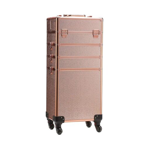 Rolling Train Case 5-in-1 Portable Makeup Train Case Professional Cosmetic Organizer Makeup Traveling case Trolley Cart Trunk ( Rose Gold )