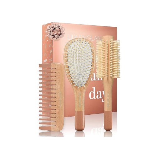 Wooden Hair Brush Set - Paddle Brush, Round Brush & Comb, Hair Brushes with Soft Bristles, Hairbrushes for Women by Lily England ( Rose Gold )