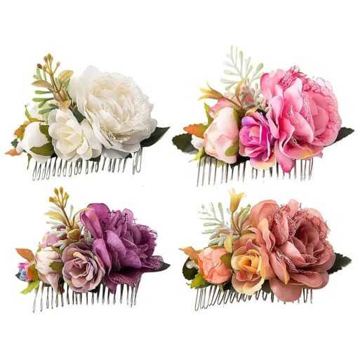 Cinaci 4 Pack White Pink Flower Metal Hair Side Combs Slides with Artificial Big Rose Wedding Bridal Clips Floral Headpieces Hairpins Barrettes Bun Hair Accessories for Women Flower Girl Bridesmaids