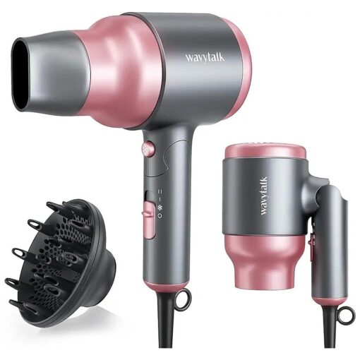 Wavytalk Portable Hair Dryer with Diffuser, Foldable Mini Hair Dryer with Lightweight Design, 1600W Small Hair Blow Dryer with Diffuser for Curly Hair Fast Drying, Rose Pink