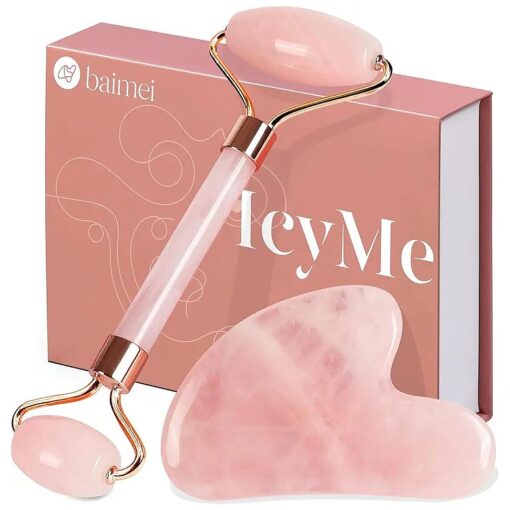 BAIMEI IcyMe Jade Roller & Gua Sha, Face Roller Redness Reducing Skin Care Tools, Self Care Pink Gift for Men Women, Massager for Face, Eyes, Neck, Relieve Fine Lines and Wrinkles - Rose Quartz