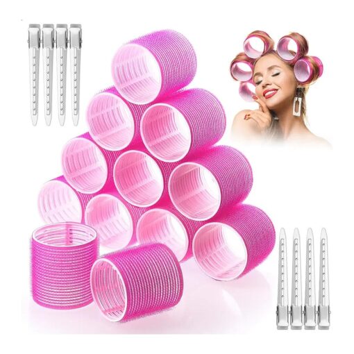 Jumbo Hair Curlers Rollers, 12Pcs 60mm Jumbo Hair Roller Curlers Self Grip Holding Rollers with 12Pcs Hair Clips for Long Thick Hair ( Rose Red )