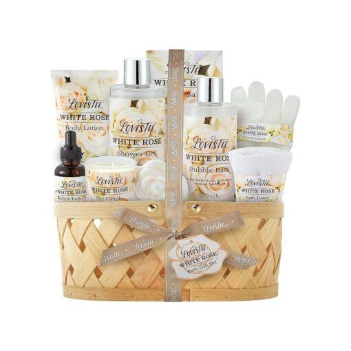 Mothers Day Bath & Body Spa Gift Basket for Women, Best Gift for Christmas & Birthday, White Rose Set Body Lotion, Shower Gel, Bubble Bath, Bath Salt, Towel, Soap, Oil, Candle, Gloves ,