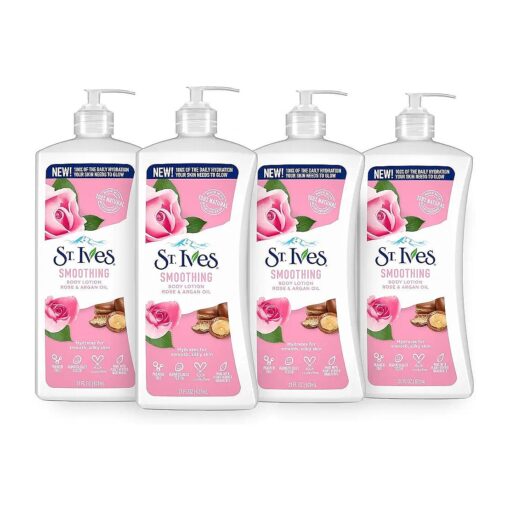 St. Ives Smoothing Hand & Body Lotion for Women with Pump, Daily Moisturizer Rose and Argan Oil for Dry Skin, Made with 100 % Natural Moisturizers, 21 fl oz, 4 Pack