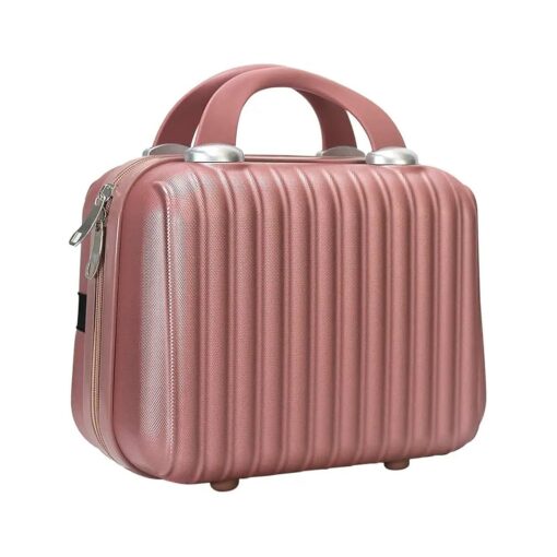 Hard Shell Makeup Case 11 inch Train Cosmetic Bag Travel Organizer Make up Toiletry Jewelry Portable ABS Mini Makeup Suitcase with Elastic Strap Gifts for her, RoseGold