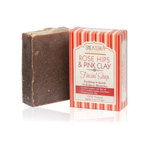 Shea Terra Organics Rose Hips & Pink Clay Facial Cleansing Soap | Anti-Aging, Anti-Acne Wonder Soap | All Skin Types - 4 oz