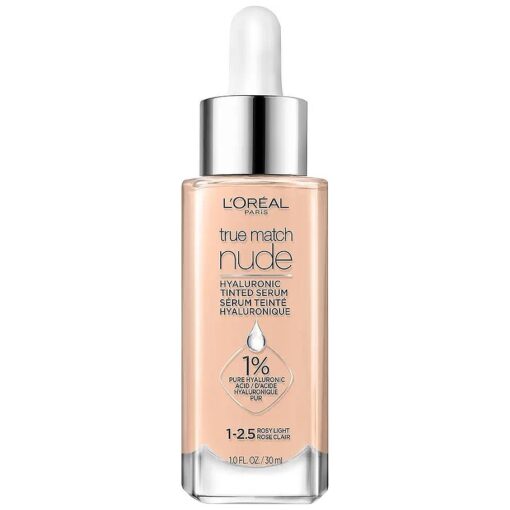 L'Oreal Paris True Match Nude Hyaluronic Tinted Serum Foundation with 1 % Hyaluronic acid, Rosy Light 1-2.5, 1 fl, oz .