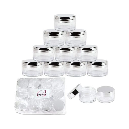 Beauticom 20g/20ml USA Acrylic Round Clear Jars with Lids for Lip Balms, Creams, Make Up, Cosmetics, Samples, Ointments and other Beauty Products ( 12 Pieces, Silver Lid ( Flat Top ) )