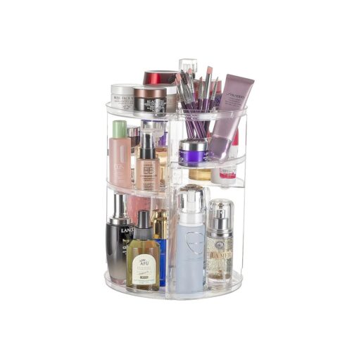 360deg Rotating Makeup Organizer Clear Cosmetic Storage Display Case with Layers and Detachable Shelves for Bedroom Dresser, ( Top No Separation - Transparent )