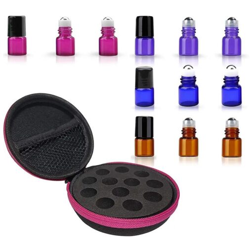 Round Hard Shell Case for 1/4 5/8 DRAM Micro Mini Roll-on Glass Bottles with Metal Roller Balls - Refillable Aromatherapy Essential Oil Roll On ( HOLDS 12 VIALS ) ( 1ML Mix bottle )