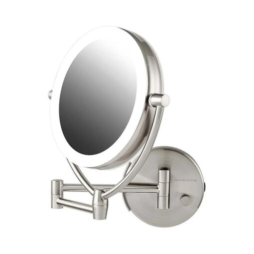 Ovente 7.5" Lighted Wall Mount Makeup Mirror, 1X & 10X Magnifier, Spinning Double Sided Round LED w/ Dimmer Switch, Extend, Retractable & Folding Arm, Battery USB Powered Nickel Brushed MLW75BR1X10X