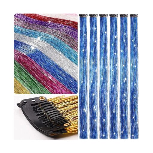 Royal Blue Tinsel Hair Clips In Hair Tinsel Kit 24" 1200 Strands Glitter Hair Tinsel Extensions Heat Resistant for Girls Kids For New Year Cosplay Party As A Gift