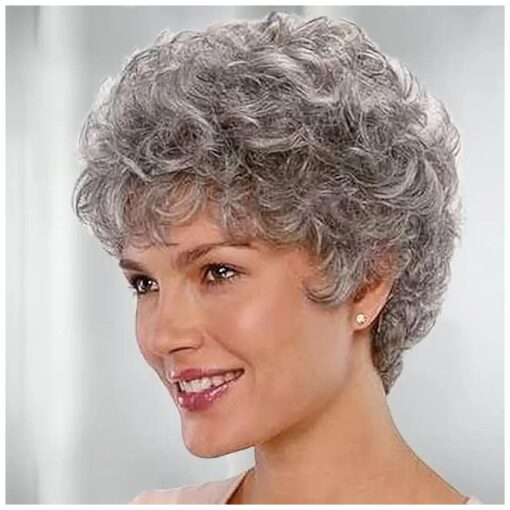 Old Lady Wigs, Short Grey Curly Human Hair Blended Wigs for Elderly Women, Light Gray Natural Layered Wavy Wig for Granny Daily Use, Pitite Size, Premium Quality, Cool/Lightweight/Easy-Care