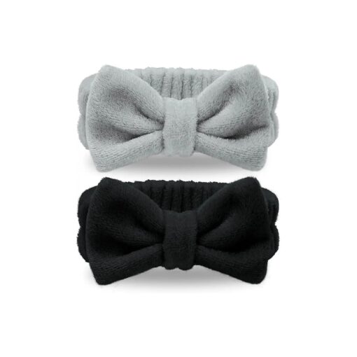 Spa Headband - 2 Pack Bow Hairband for Face Wash SPA Headband with Bow Knotted Hairband for SPA Yoga Sports Soft Coral Women Girl Fleece Headbands ( Black+Grey )