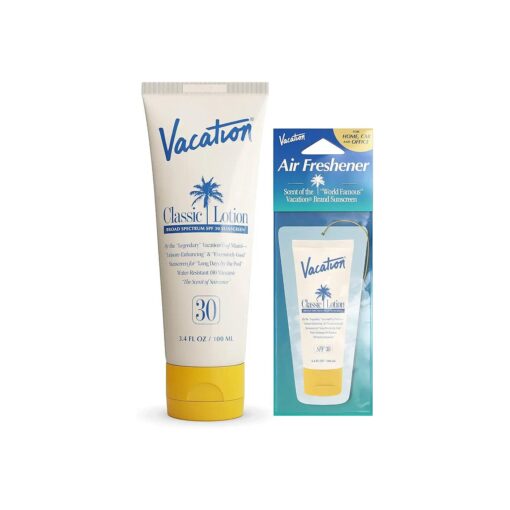 Classic Sunscreen Lotion SPF 30 + Air Freshener Bundle, Water Resistant Broad Spectrum Sunscreen Sun Block, Vegan Sun Tanning Lotion, Body Lotion with SPF, SPF 30 Sunscreen, 3.4 Fl, Oz .