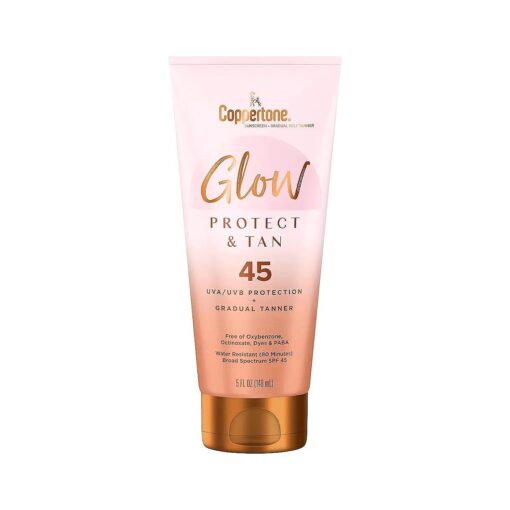 Glow Protect and Tan Sunscreen Lotion with Gradual Self Tanner SPF 45, Water Resistant, Broad Spectrum Sunscreen, 5 Fl Oz Tube