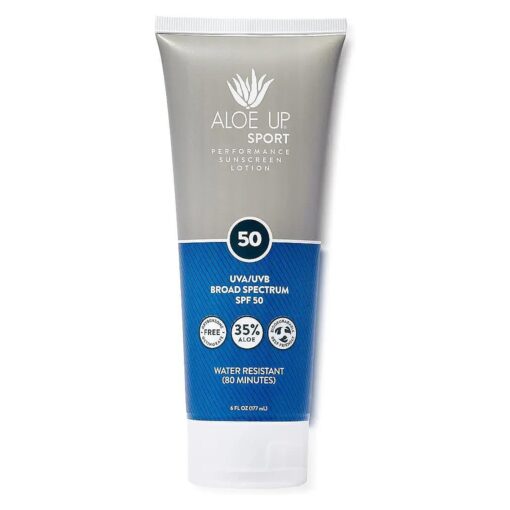 Aloe Up Sport Sunscreen Lotion SPF 50 - Broad Spectrum UVA/UVB Sunscreen Protector for Face and Body - With Hydrating Aloe Vera Gel - Non-Greasy - No White Cast - Reef Safe - Fragrance-Free - 6 Oz .