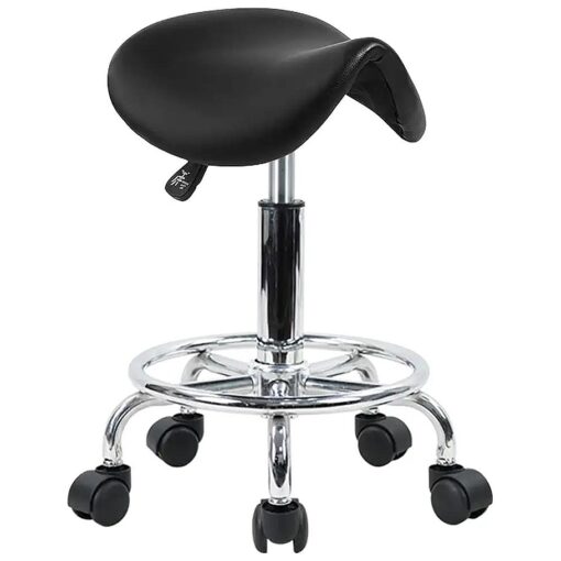 KKTONER Saddle Stool with Foot Rest PU Leather Swivel Adjustable Rolling Stool with Wheels Facial Salon Chair ( Black )