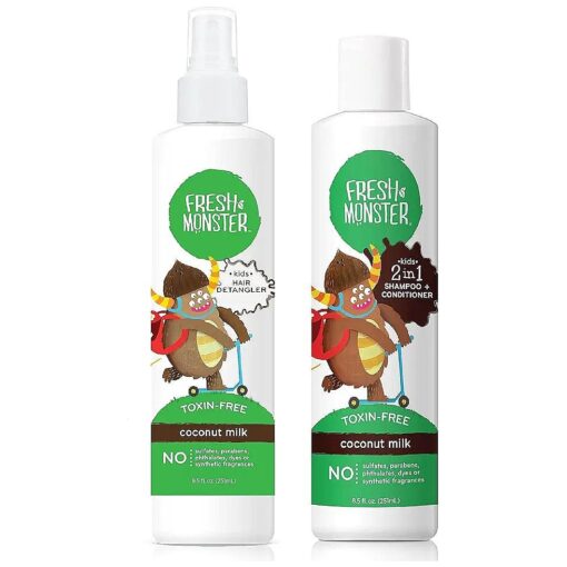 Fresh Monster Kids Hair Detangler Spray & 2-in-1 Shampoo & Conditioner Combo, Toxin-Free, Hypoallergenic & Natural, Coconut ( 8.5 oz Detangler & 8.5 oz 2-in-1 Shampoo & Conditioner )