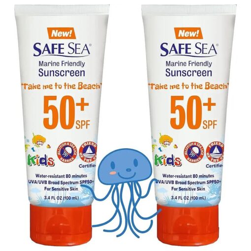 SPF50+ Kids Sunscreen | Travel Size 3.4 oz, | For sensitive skin | anti-jellyfish and Sea Lice sting protective lotion | Coral reef safe sunscreen ( 3.4 oz, tube 2 pack )