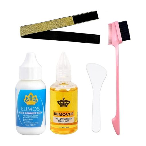 Wig Glue for Front Lace Wig Waterproof Invisible Bonding Strong Hold Hair Glue for Lace Wigs Lace Front Glue Hair Replacement Adhesive, Wig Glue Remover, Golden Elastic Band and Edge Brush