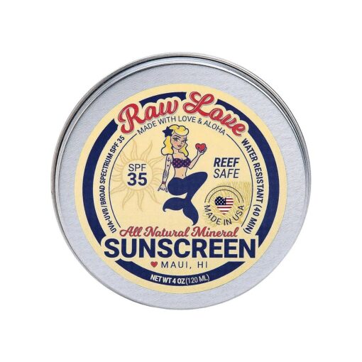 Raw Love Mineral Sunscreen SPF 35+ Tin | Non-Nano Zinc Oxide Sunscreen w/Coconut Oil & Jojoba Oil for Sensitive Skin | Reef Safe + Hawaii 104 Reef Act Compliant | Water Resistant, Made in USA | 4OZ