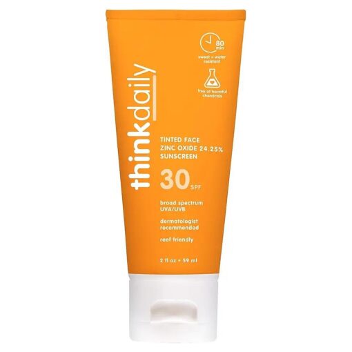 Thinkdaily Tinted Sunscreen for Face, SPF 30, 24.25 % Zinc Oxide, 2 Oz, Safe, Natural, Water Resistant Reef Safe Sunscreen, All Skin Tones, Vegan Broad Spectrum UVA/UVB Sun Screen for Sun Protection