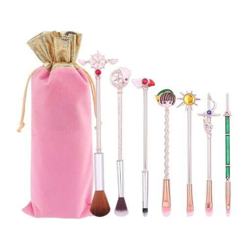 Cardcaptor Sakura Makeup Brushes Set - 7pcs Anime Series Magic Wand Cosmetic Make Up Brush Set Professional Tool Kit Set Pink Drawstring Bag Included for Girls Women ( 7pcs )