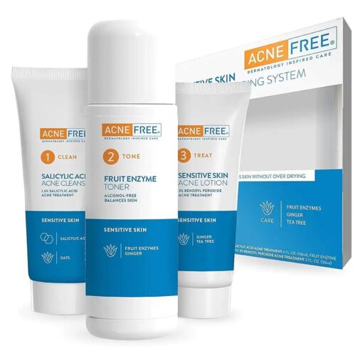 Acne Free 3-Step Acne Treatment Kit with Salicylic Acid Face Wash, Alcohol-Free Toner, & Benzoyl Peroxide Lotion for Sensitive Skin and Fighting Breakouts, 24 Hour Face Clearing System