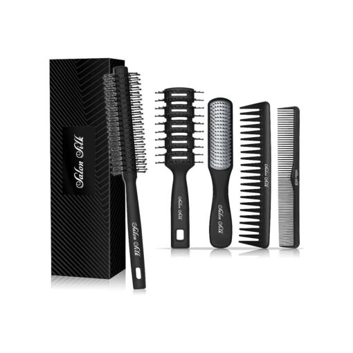 SalonSilk Hair Brush for Men, 5Pcs Men Hair Brush Professional Styling Comb Set for All Hair Types and Styles, No More Tangle Hairbrush for Dry or Wet Pick Barber Brush Tools