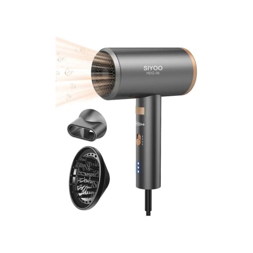 SIYOO Professional Hair Dryer, Ionic Blow Dryer with Diffuser and Nozzle, 1600 Watt Negative Ions Salon Lightweight Hairdryer Gold