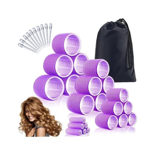 34Pcs Hair Roller Set with Clips, Self-Grip Hair Rollers for Volume, Salon Hairdressing Curlers and DIY Hairstyles, 4 Sizes Rollers Hair Curlers in a Storage Bag ( Purple )