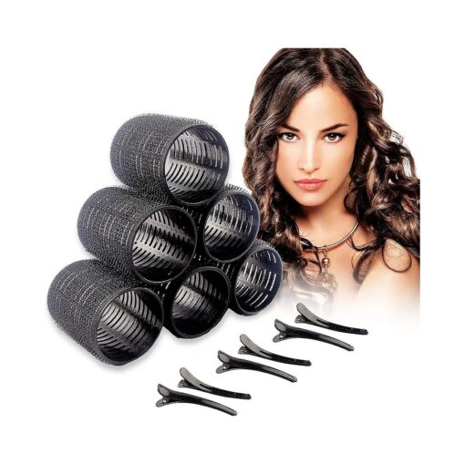 6PCS Heatless Hair Rollers with 6 Clips- Self Holding Velcro Curlers for Long Short Hair Volume-Gripping Sticky Hair Curler- No Heat Rollers Hairdressing Curling Tool-Black Rollers, ( 50mm * 12 )