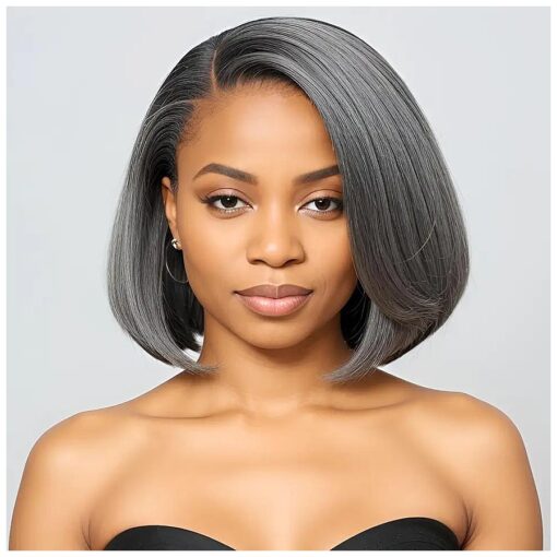 10" Glueless Straight Bob Wig Human Hair Salt and Pepper Gray Human Hair Wigs Pre Plucked Short Bob Wig Pre Cut 5x5 Closure HD Transparent Grey Glueless Lace Front Wigs for Women