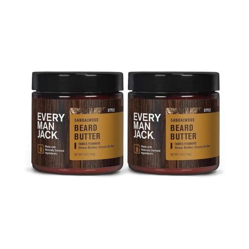 Every Man Jack Sandalwood Beard Butter - Rejuvenate, Soften, and Styles Beard with Light Hold - Made w/Naturally Derived Ingredients like Cocoa Butter and Shea Butter - 4oz - 2 Pack