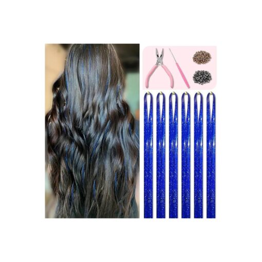 Sapphire Blue Hair Tinsel Kit 48 Inches 1200 Strands with Tools and Instruction Easy to Install Fairy Glitter Tinsel Hair Extensions for Women and Girls, Shinny Sparkling Braiding Hair Accessories for Halloween Cosplay Party